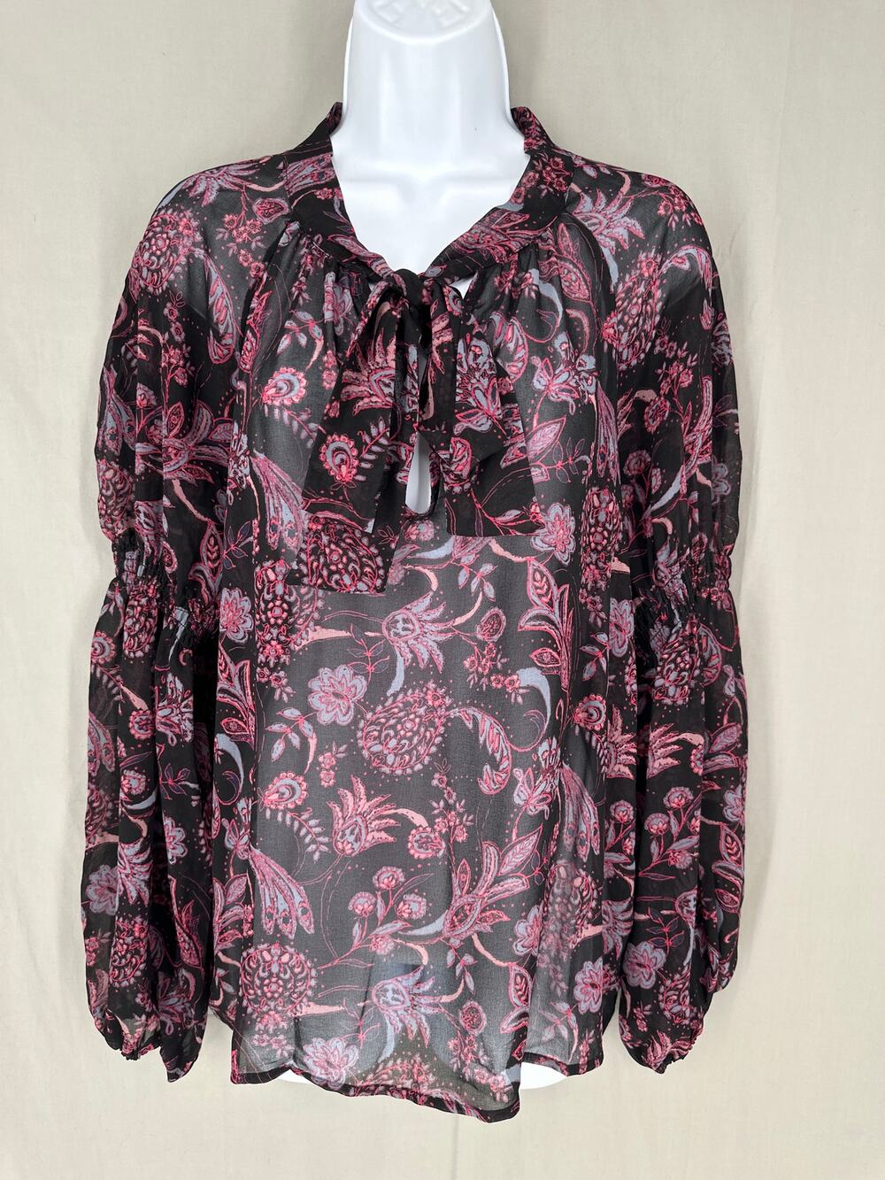 Sanctuary Top Womens Small Black Pink Floral Sheer Boho Bohemian Neck Tie